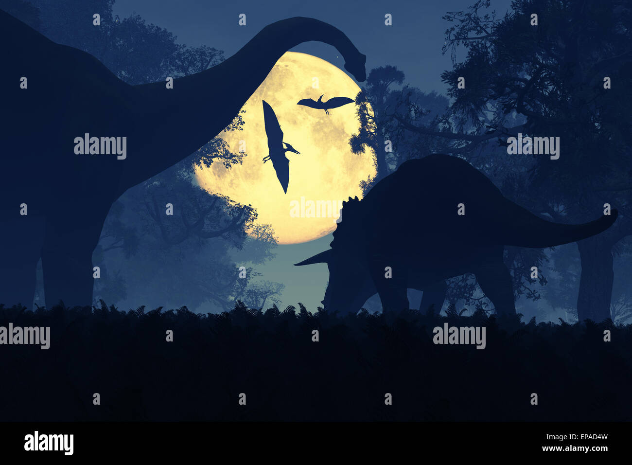 Dinosaurs in Prehistoric Jungle at Night in the Moonlight Stock Photo ...