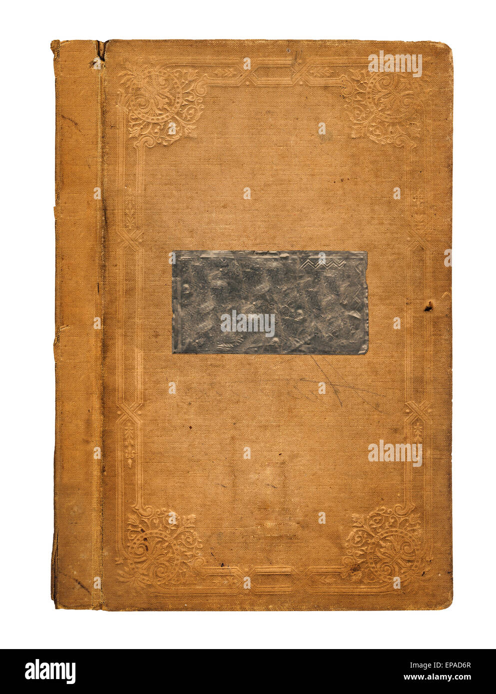 Old worn book cover with ornamental pattern isolated on white