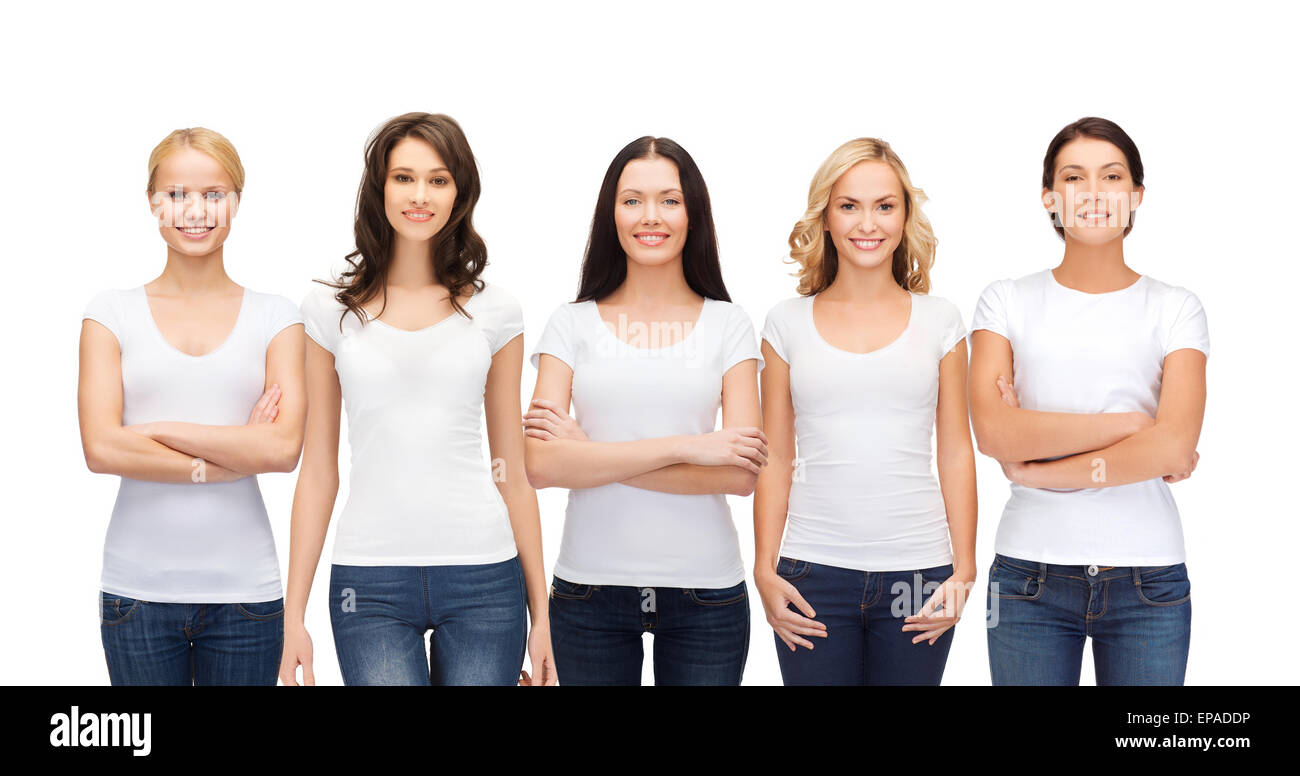 Group Of Smiling Women In Blank White T Shirts Stock Photo   Alamy