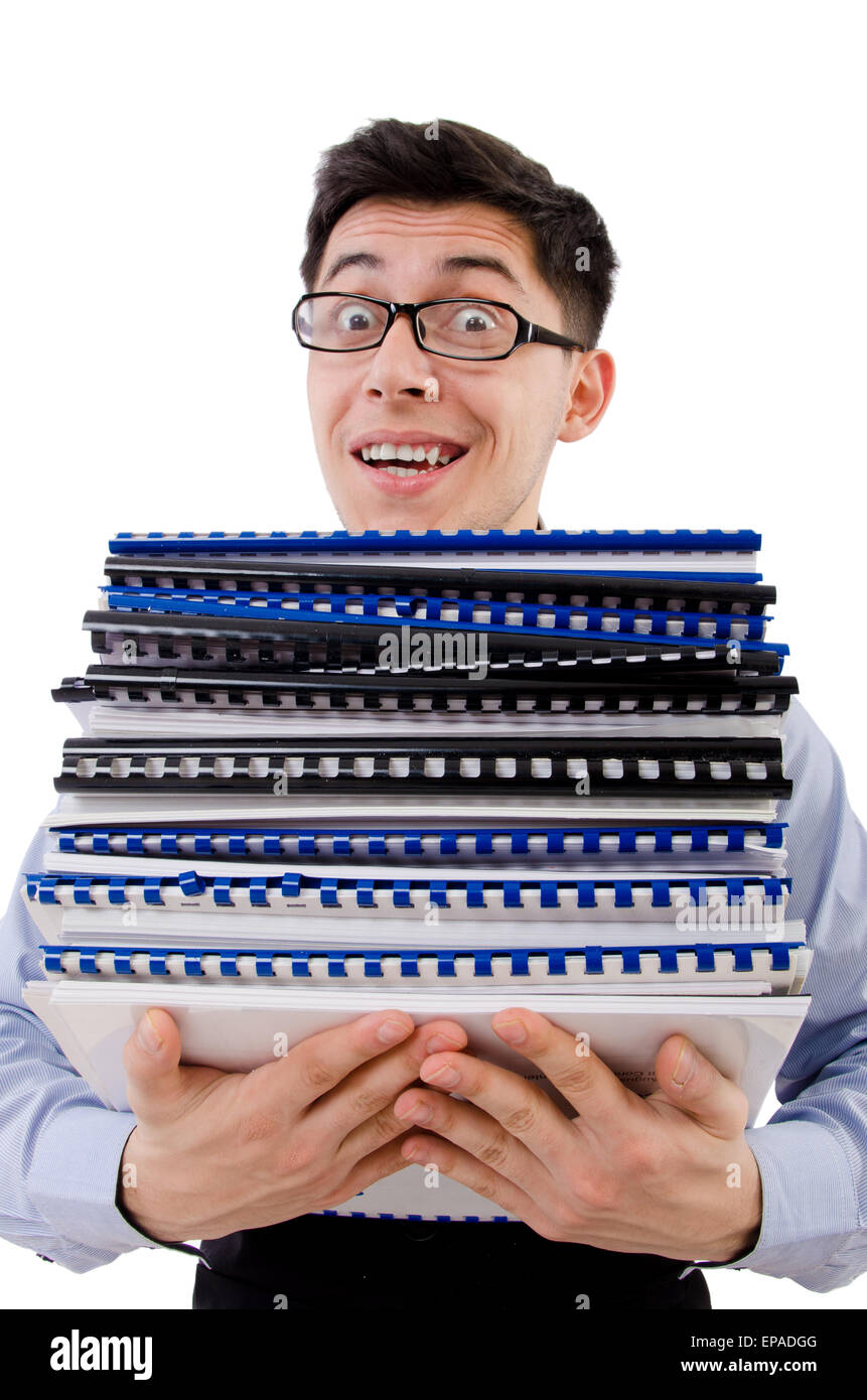 Funny man with lots of folders on white Stock Photo - Alamy