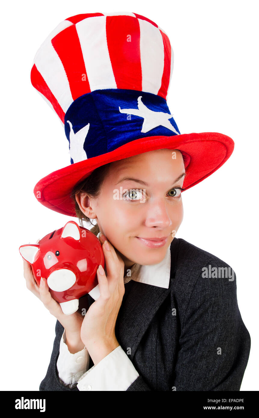 Businesswoman with piggy bank isolated on white Stock Photo - Alamy