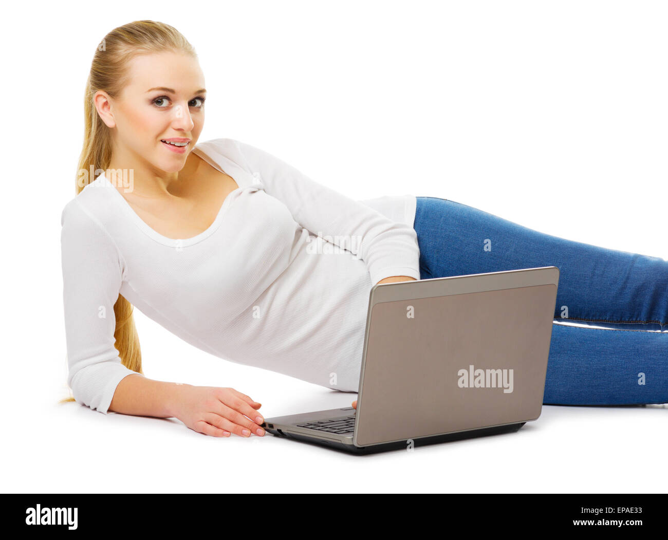 Young girl with laptop isolated Stock Photo - Alamy