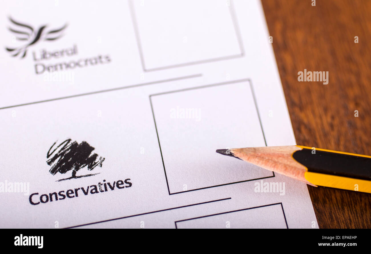 LONDON, UK - MAY 7TH 2015: Conservatives on a UK Ballot Paper for a General Election, on 7th May 2015. Stock Photo