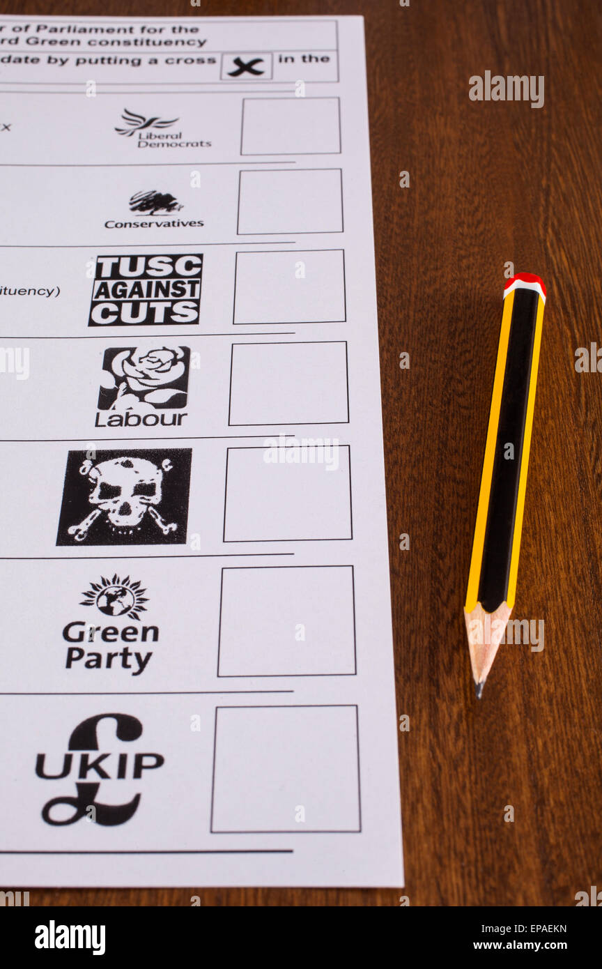 LONDON, UK - MAY 7TH 2015: A Ballot Paper and pencil for a UK General Election, on 7th May 2015. Stock Photo