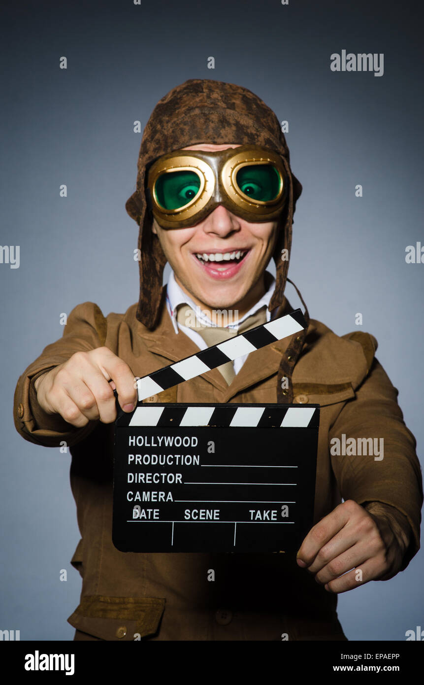 Funny pilot with goggles and helmet Stock Photo Alamy