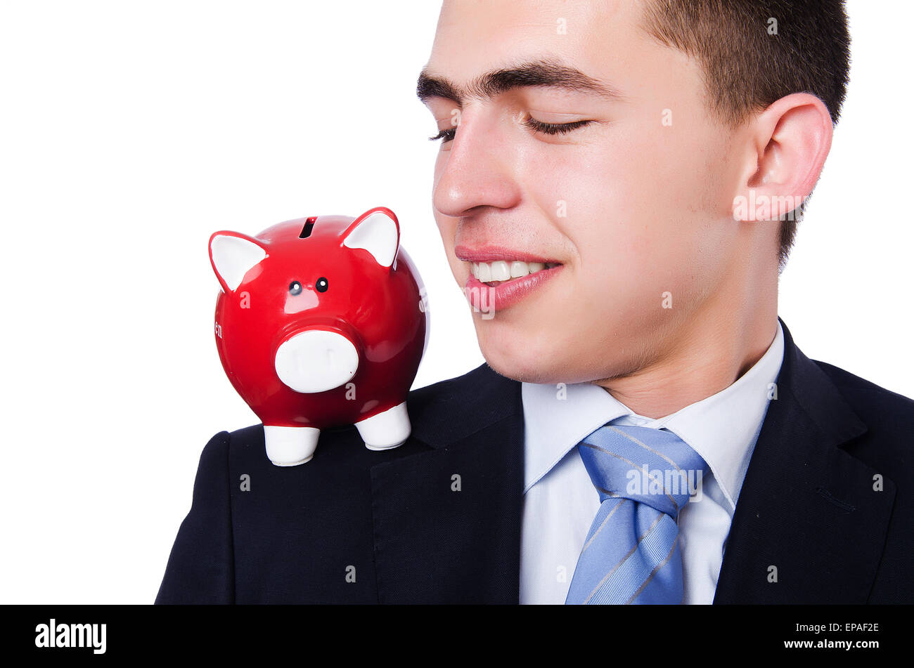 Man with piggybank isolated on white Stock Photo - Alamy