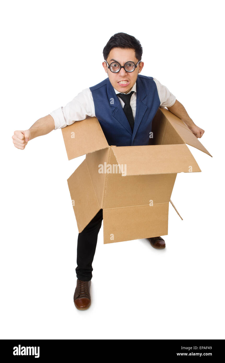 Man in thinking outside the box concept Stock Photo - Alamy