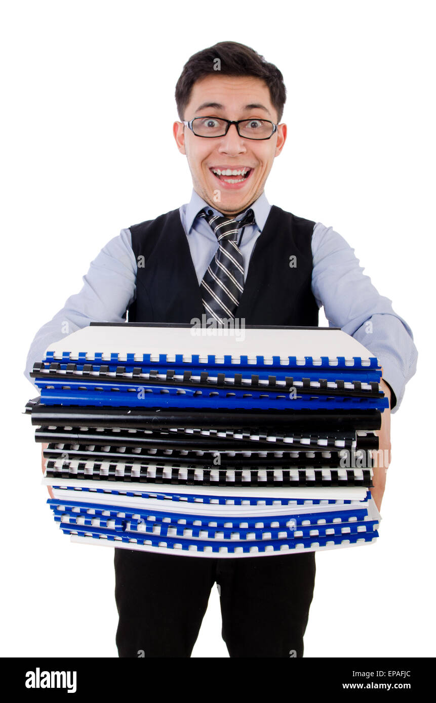 Funny man with lots of folders on white Stock Photo - Alamy