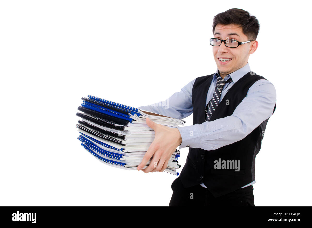 Funny man with lots of folders on white Stock Photo - Alamy