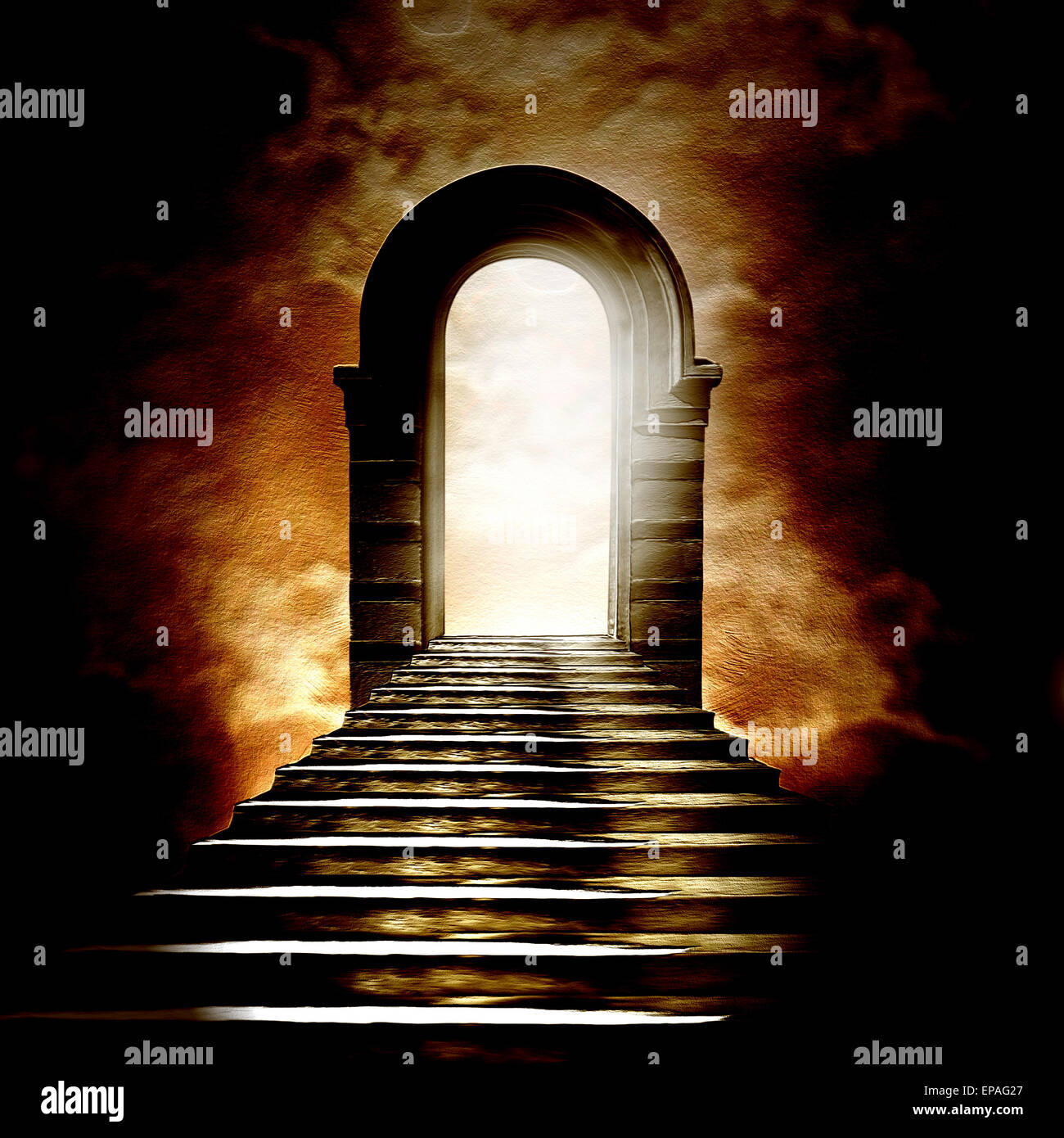 Staircase Leading To Heaven Or Hell Light At The End Of The Tunnel Stock Photo Alamy