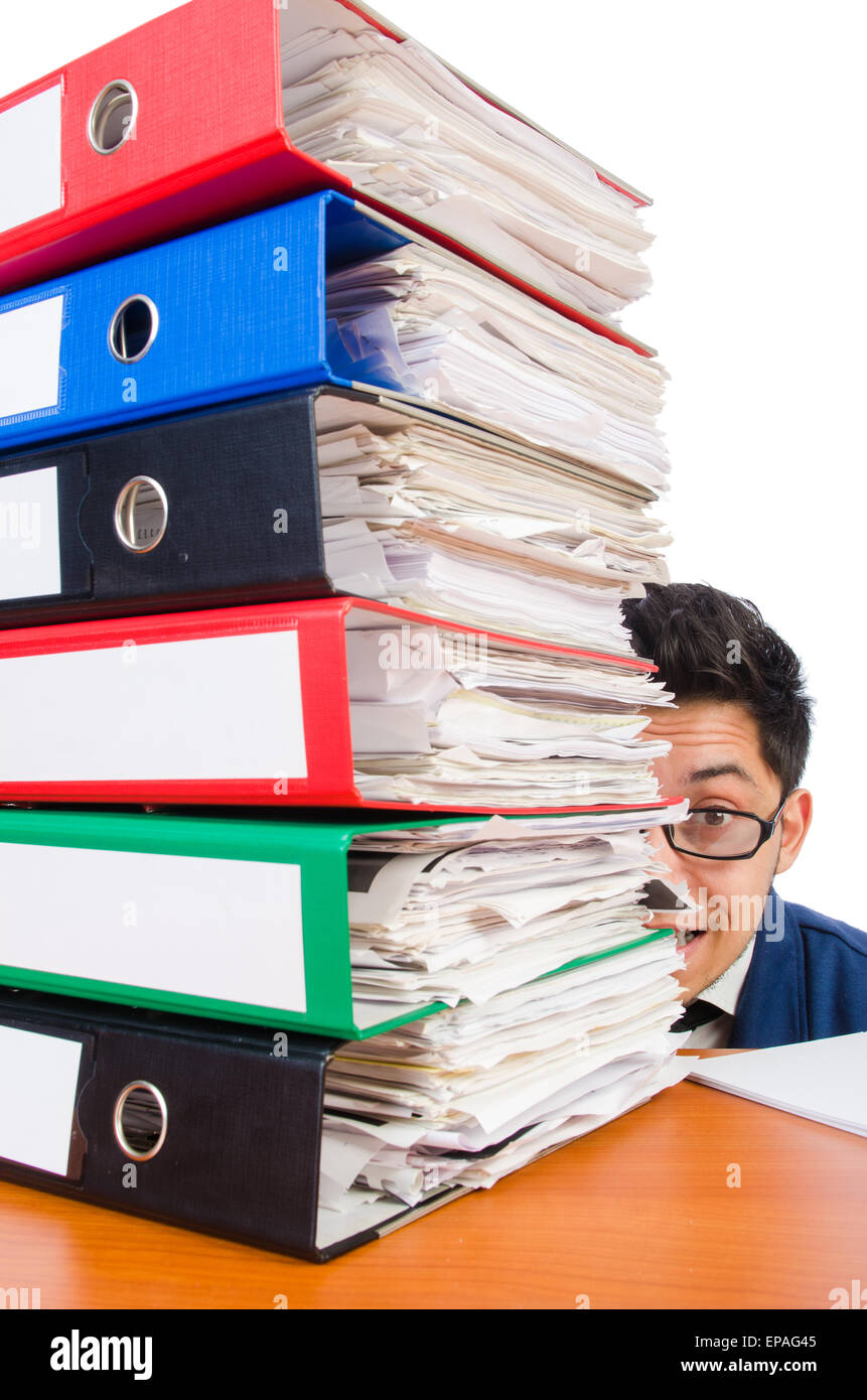 Funny man with lots of folders on white Stock Photo - Alamy