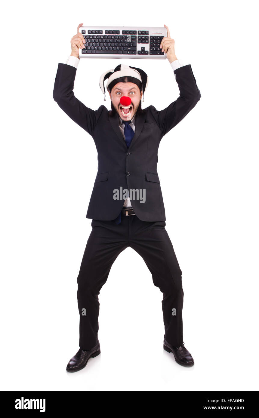 Funny clown with keyboard isolated on white Stock Photo Alamy