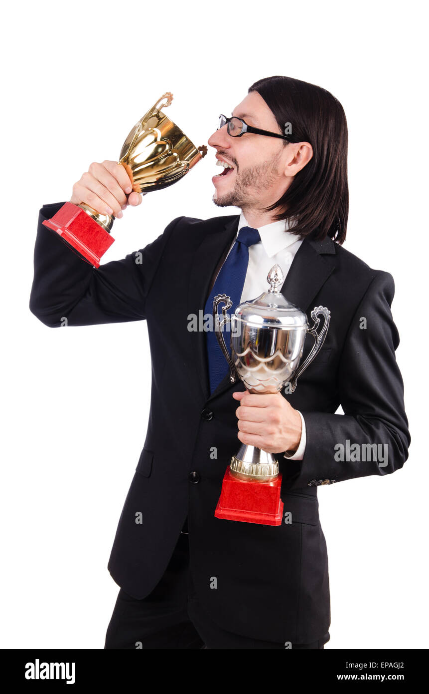 Businessman awarded with prize cup isolated on white Stock Photo - Alamy