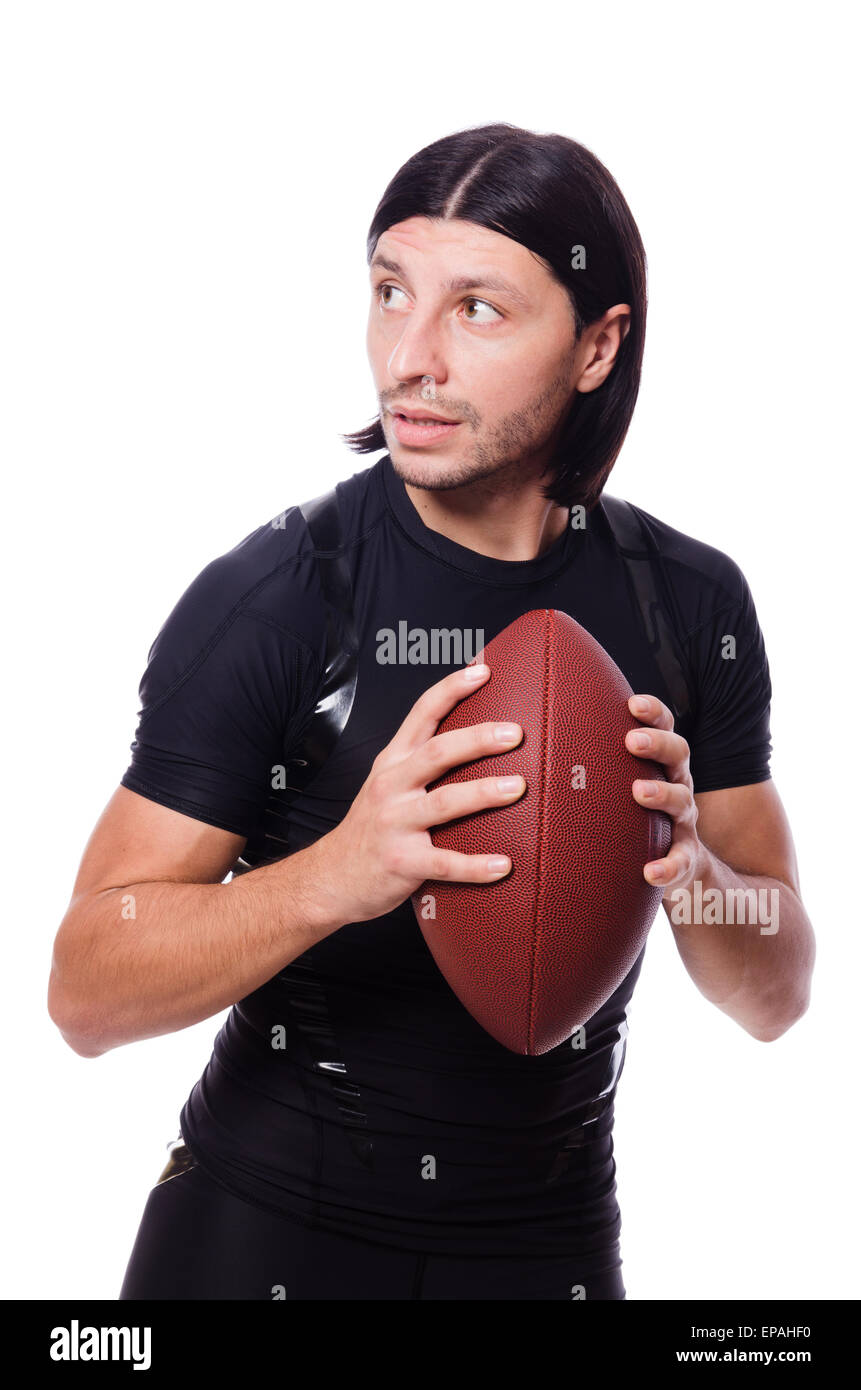 Man training with american football on white Stock Photo