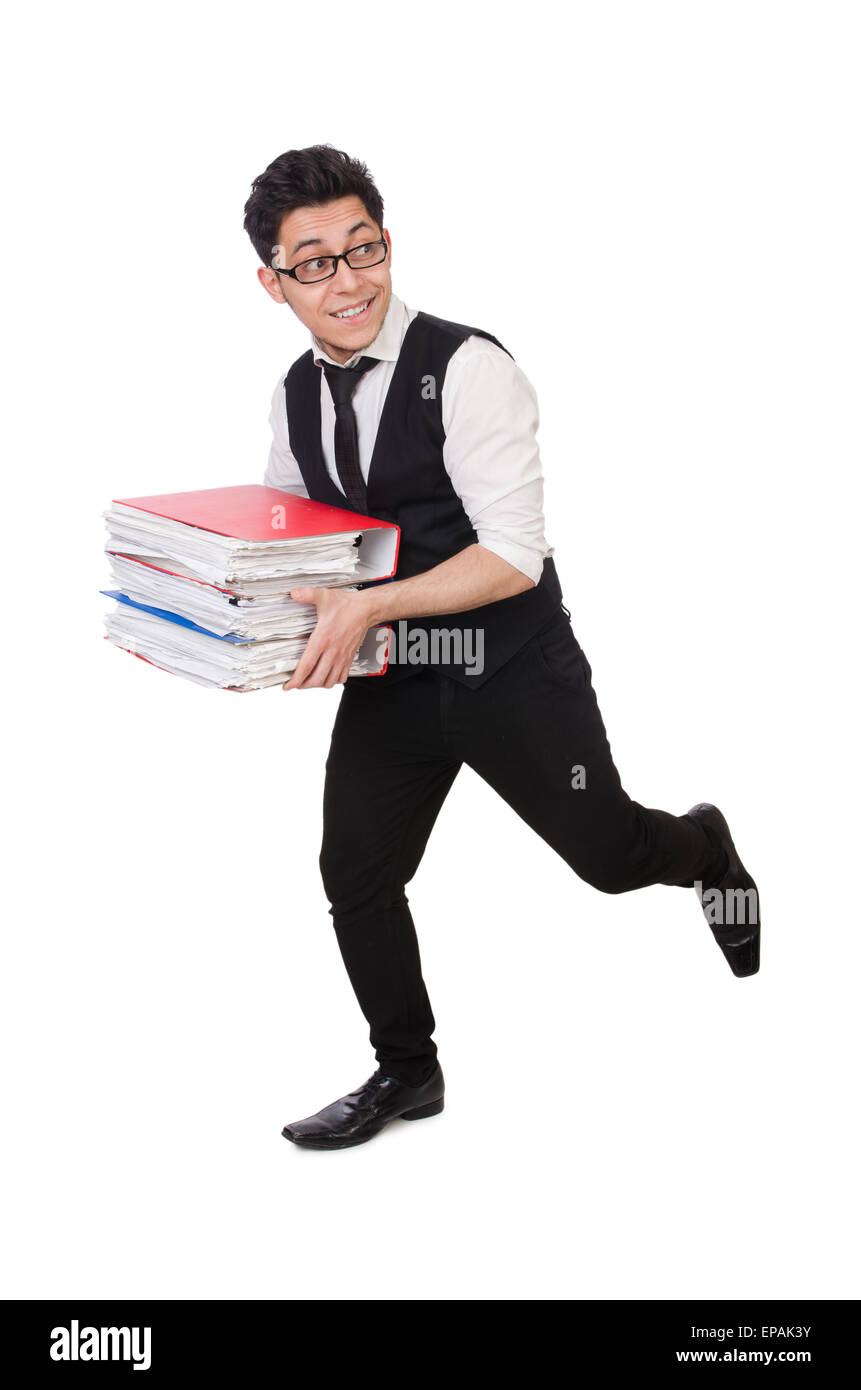 Funny man with lots of folders on white Stock Photo - Alamy