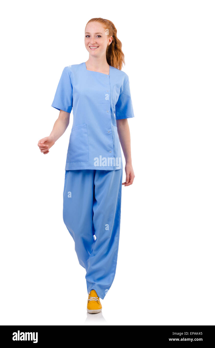 Pretty doctor in blue uniform isolated on white Stock Photo - Alamy