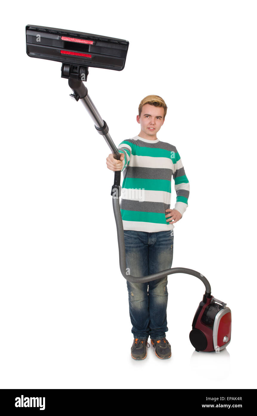 Funny man with vacuum cleaner on white Stock Photo Alamy