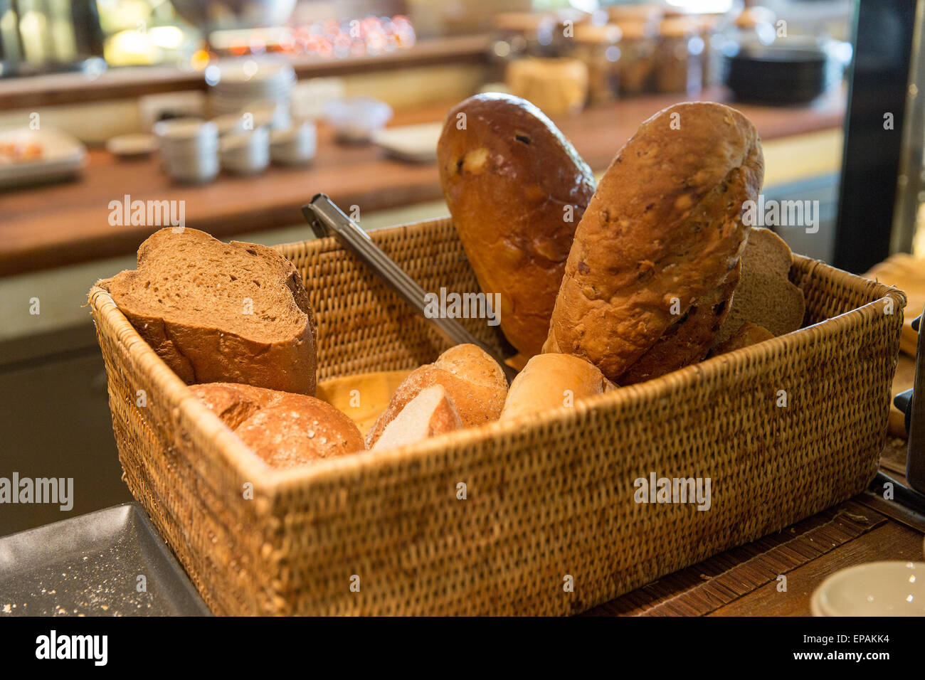 basket with bread at restaurant Stock Photo Alamy