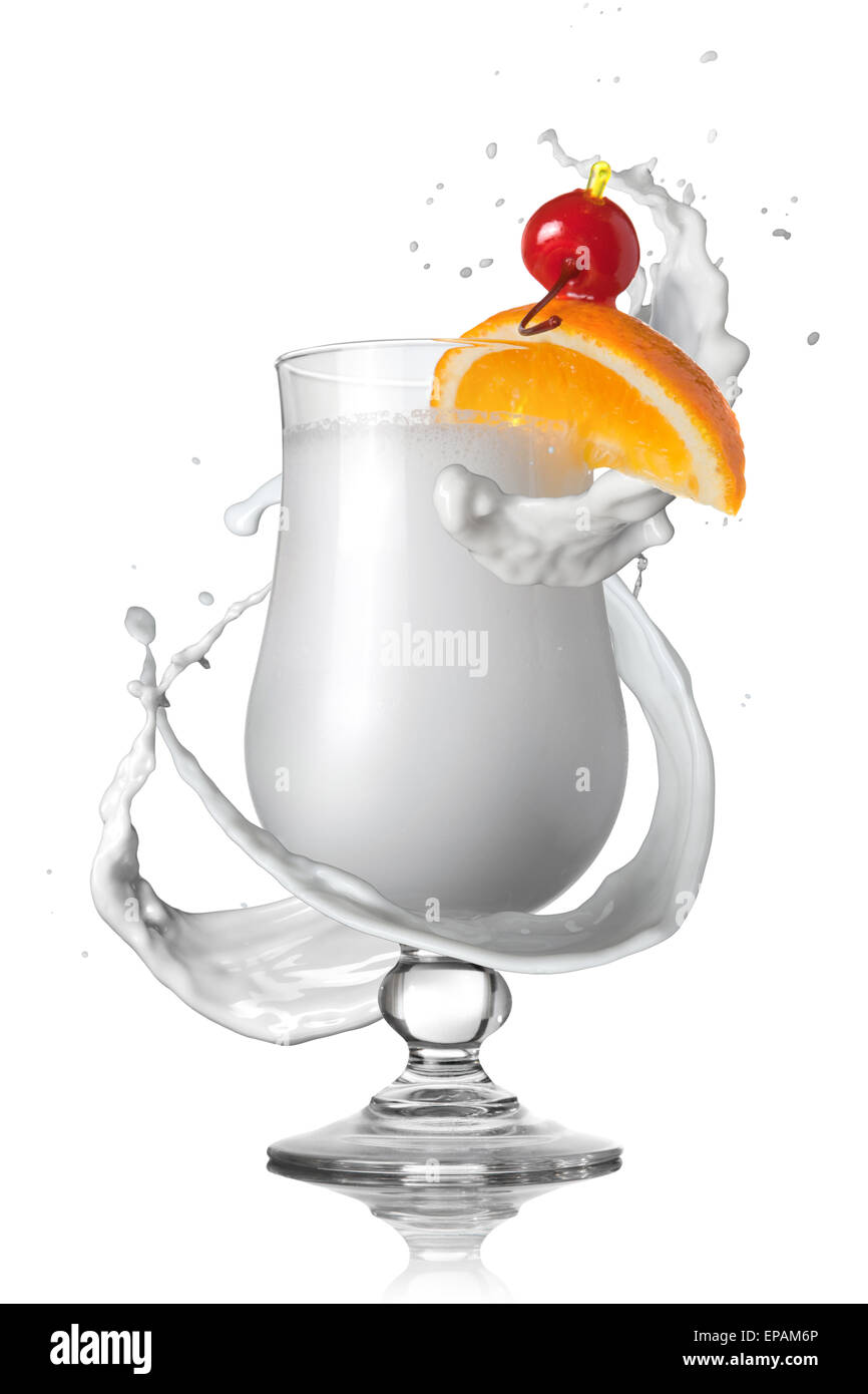 virgin pina colada white cocktail with milk splash isolated on white Stock Photo
