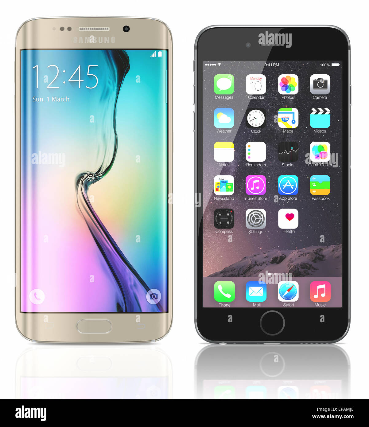 Gold Platinum Samsung Galaxy S6 Edge and Space Gray Apple iPhone 6 on white background. The Sams Stock Photo
