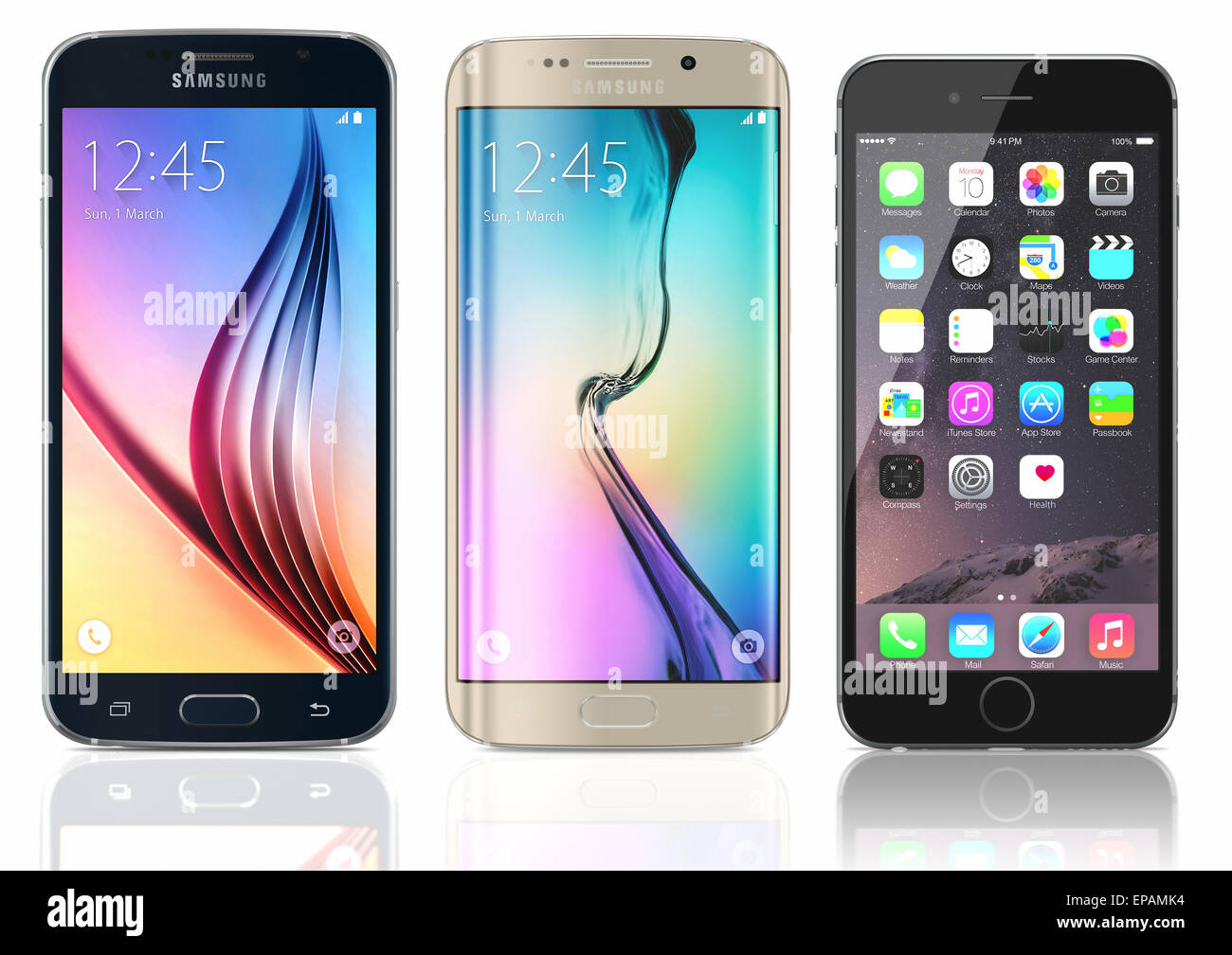 Black Sapphire Samsung Galaxy S6 and Gold Platinum Samsung Galaxy S6 Edge with Space Gray Apple Stock Photo