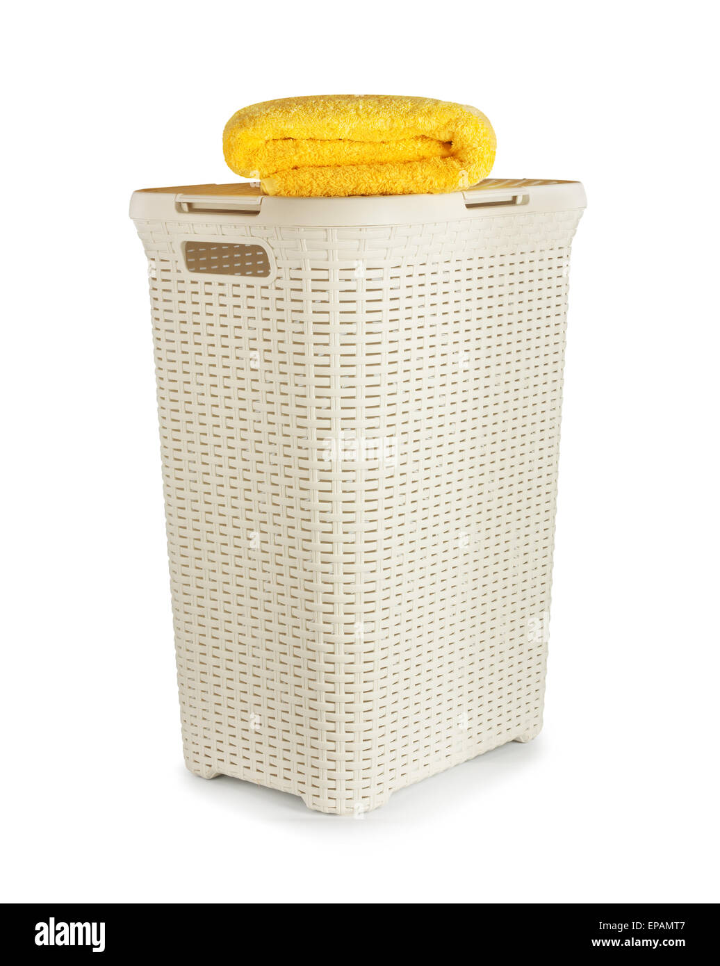 Terry towels in a laundry basket isolated on white background Stock Photo Alamy