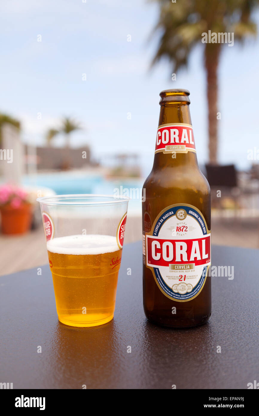 Coral beer, the local beer brewed in Madeira, Europe Stock Photo