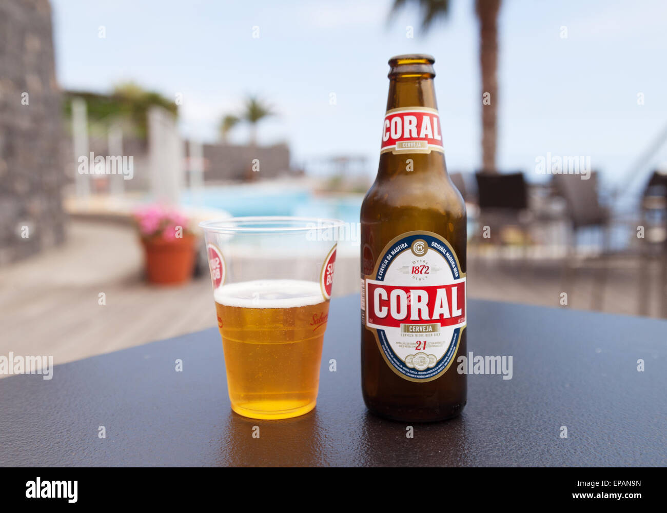 Coral beer, the local beer brewed in Madeira, Europe Stock Photo