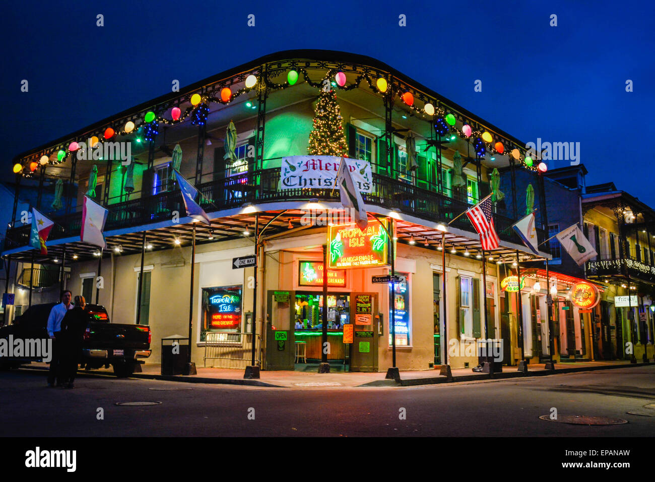 Night image of Tropical Isle Bar, Bourbon Street, home of the Hand Grenade, allegedly the most powerful cocktail in New Orleans Stock Photo