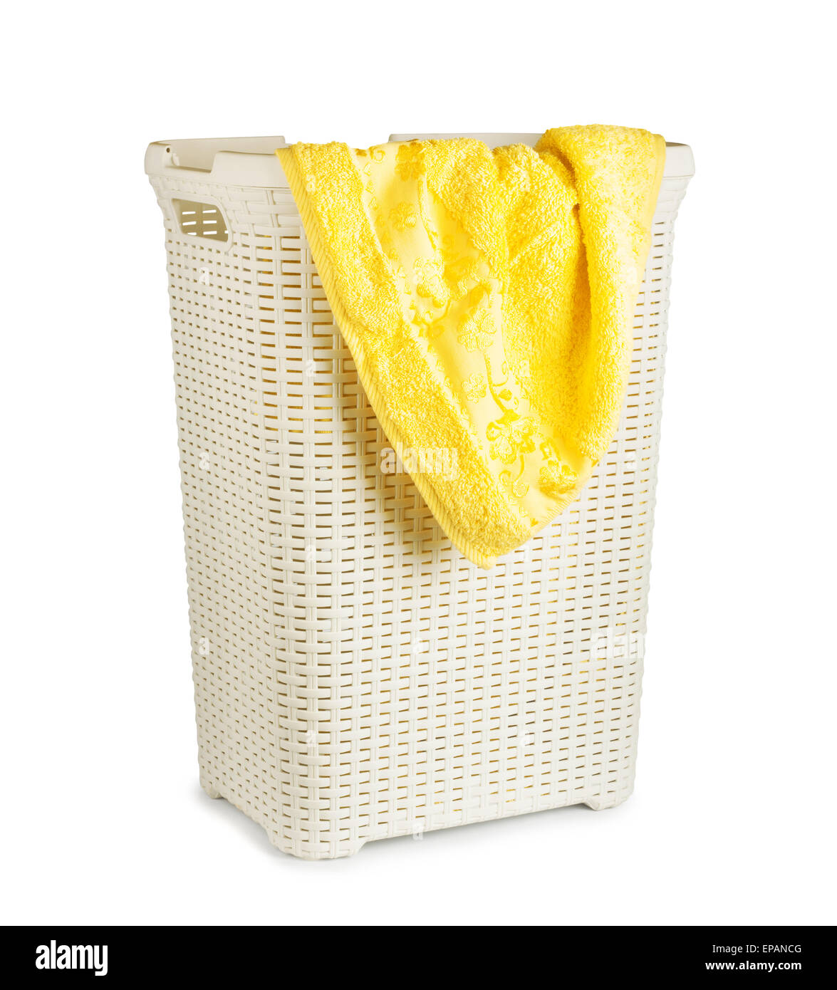 Terry towels in a laundry basket isolated on white background Stock Photo Alamy