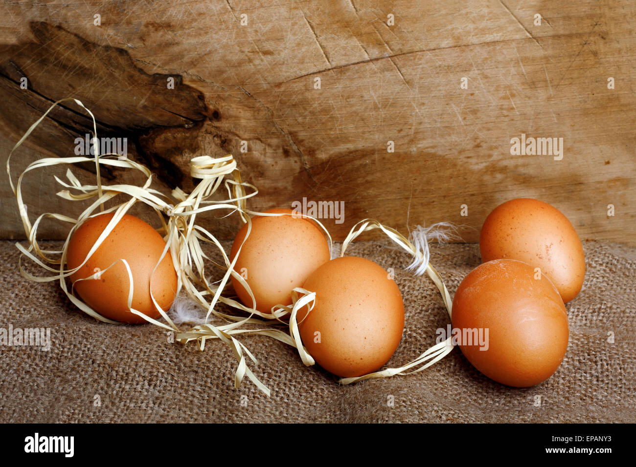 Fresh chicken eggs in straw nest on wooden wall background Stock Photo ...