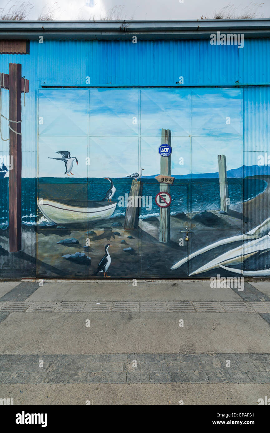 painted mural on building facade, Punta Arenas, Chile Stock Photo