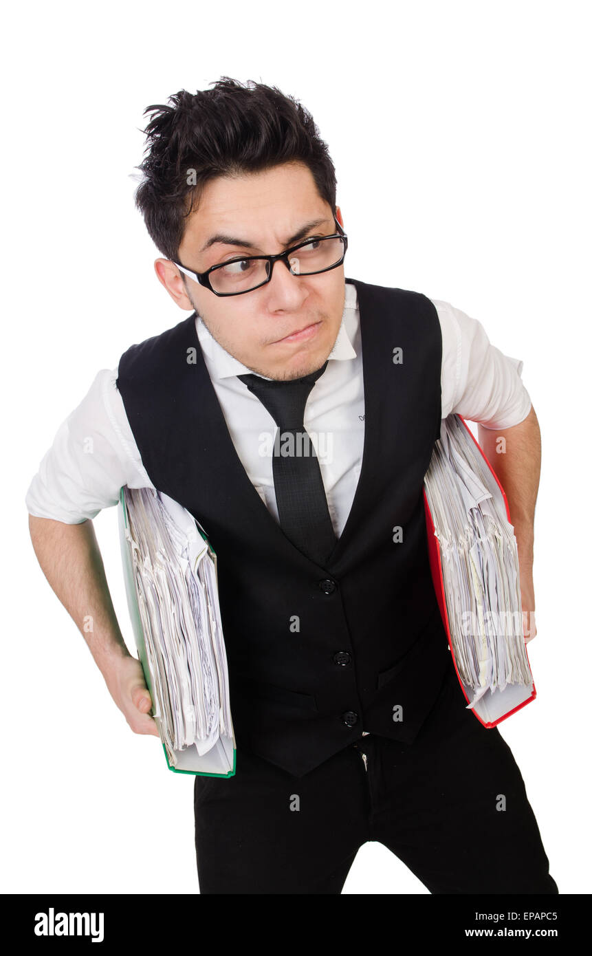 Funny man with lots of folders on white Stock Photo - Alamy