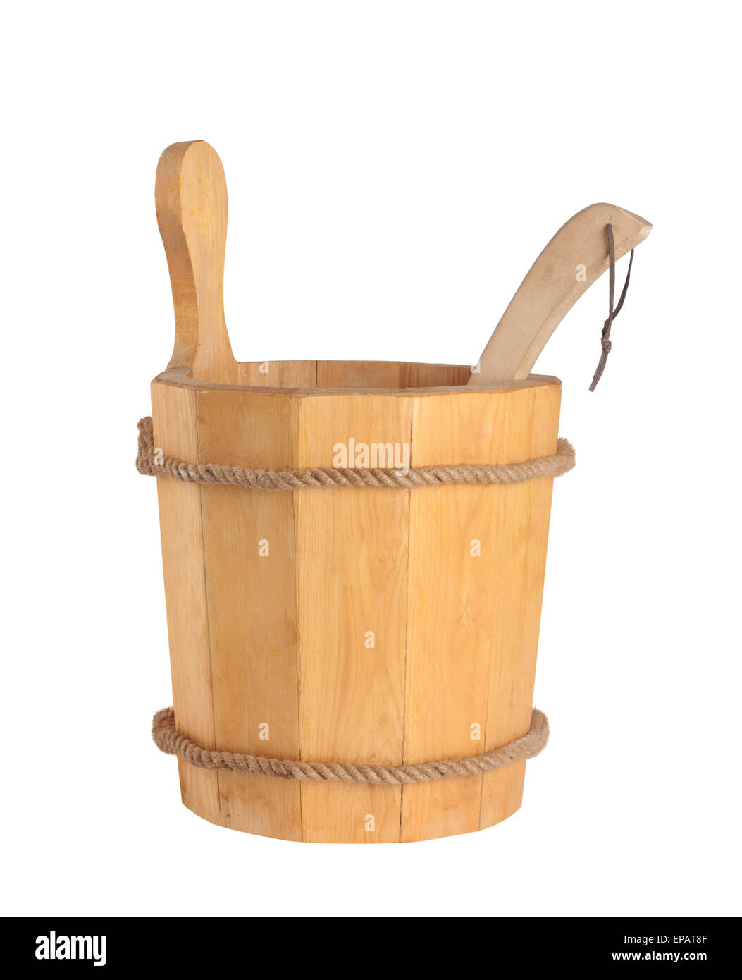 Wooden bucket with ladle for the sauna Isolated on white background Stock Photo