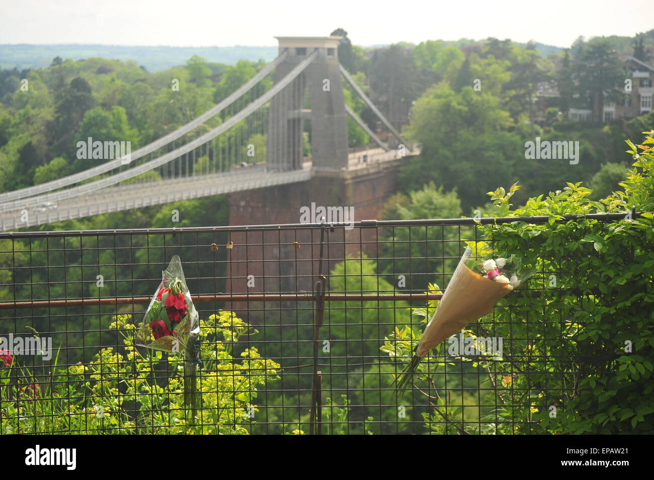 Bristol, UK. 15th May, 2015. Flowers are left by the Clifton Suspension  Bridge overlooking the Avon gorge where the body of 92 year old Olive Cooke  was found on 6 May. It