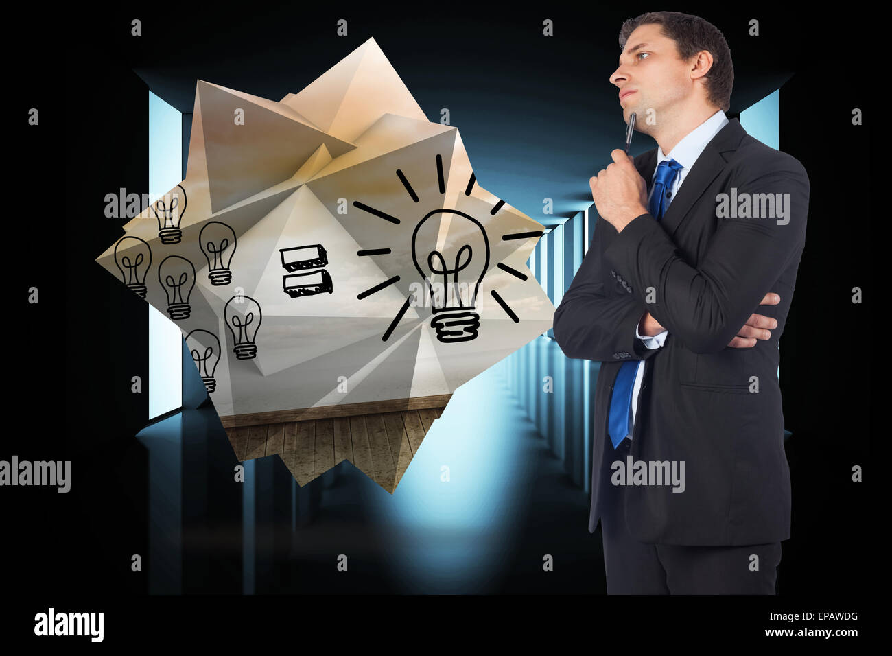 Composite image of thinking businessman holding pen Stock Photo - Alamy