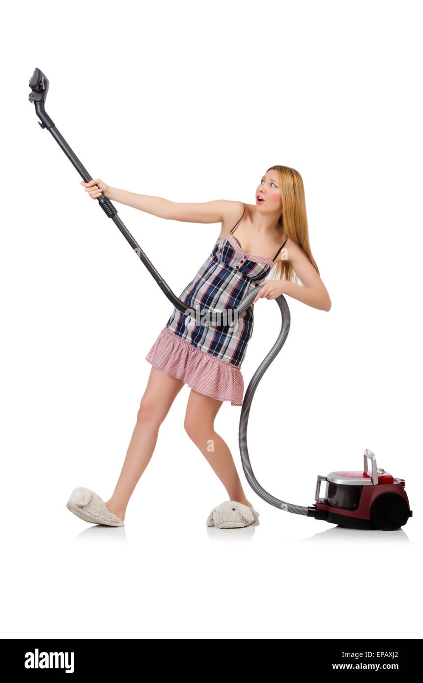 Young woman with vacuum cleaner on white Stock Photo - Alamy