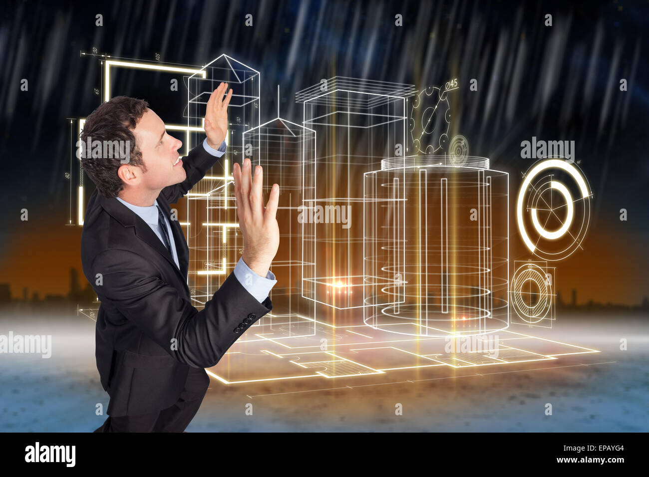 Composite image of businessman posing with arms raised Stock Photo - Alamy