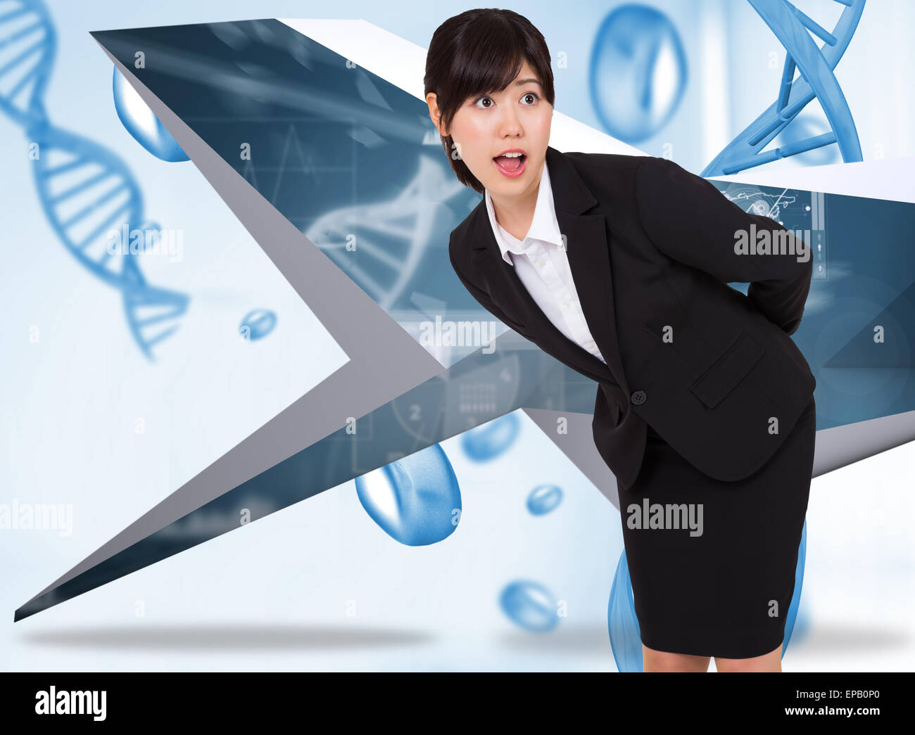 Composite image of surprised businesswoman bending Stock Photo