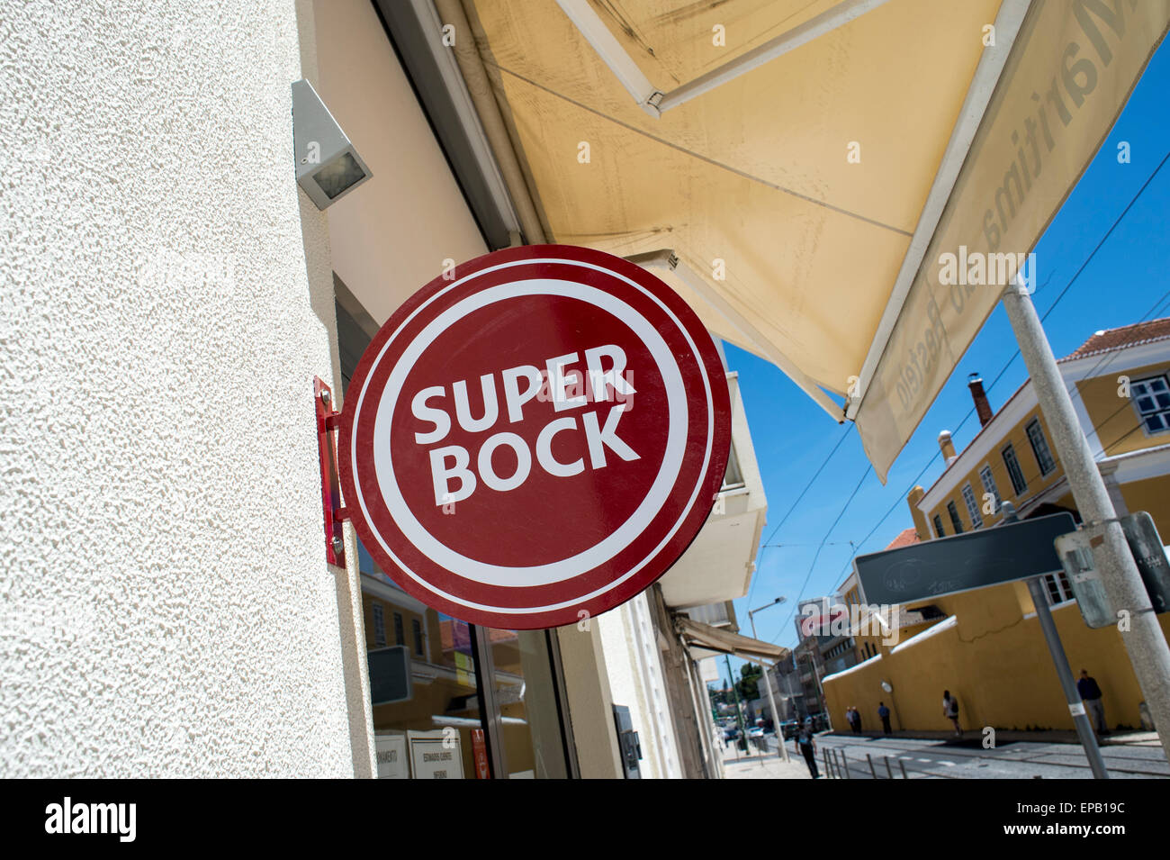 Red Super Bock beer sign outside a bar in Lisbon Portugal Stock Photo