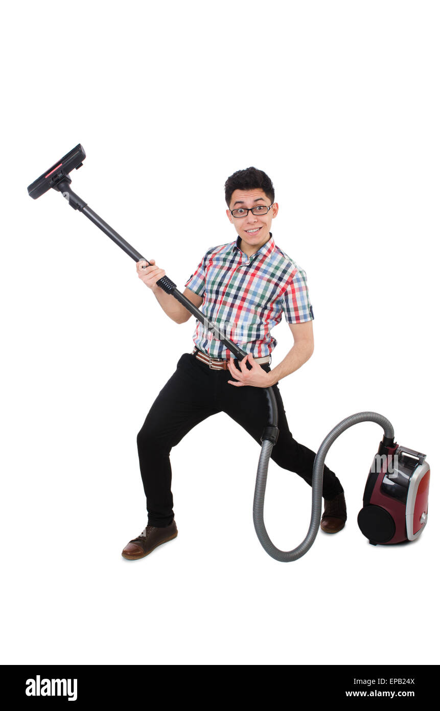 Funny man with vacuum cleaner on white Stock Photo Alamy