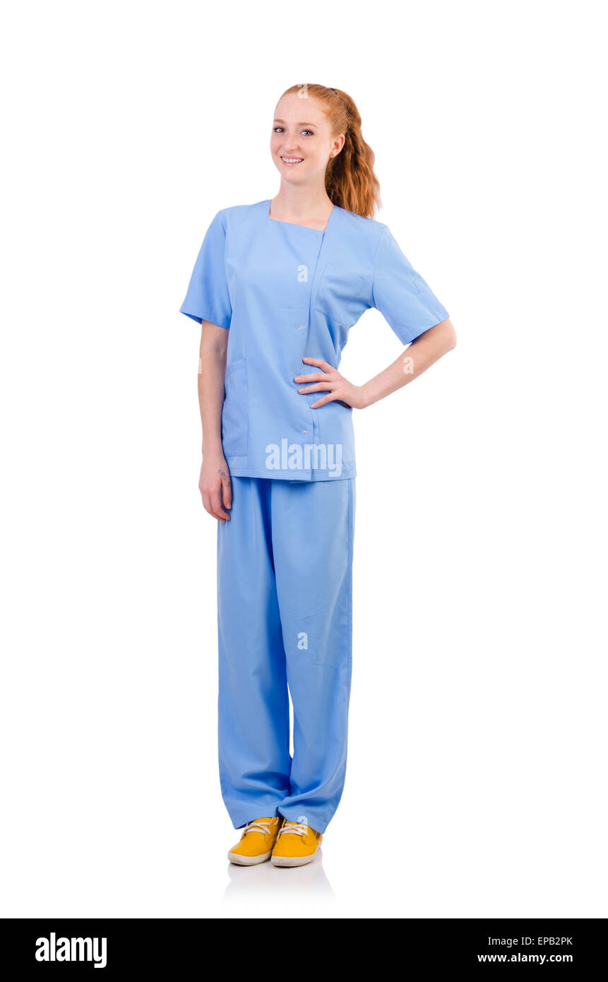 Pretty doctor in blue uniform isolated on white Stock Photo - Alamy
