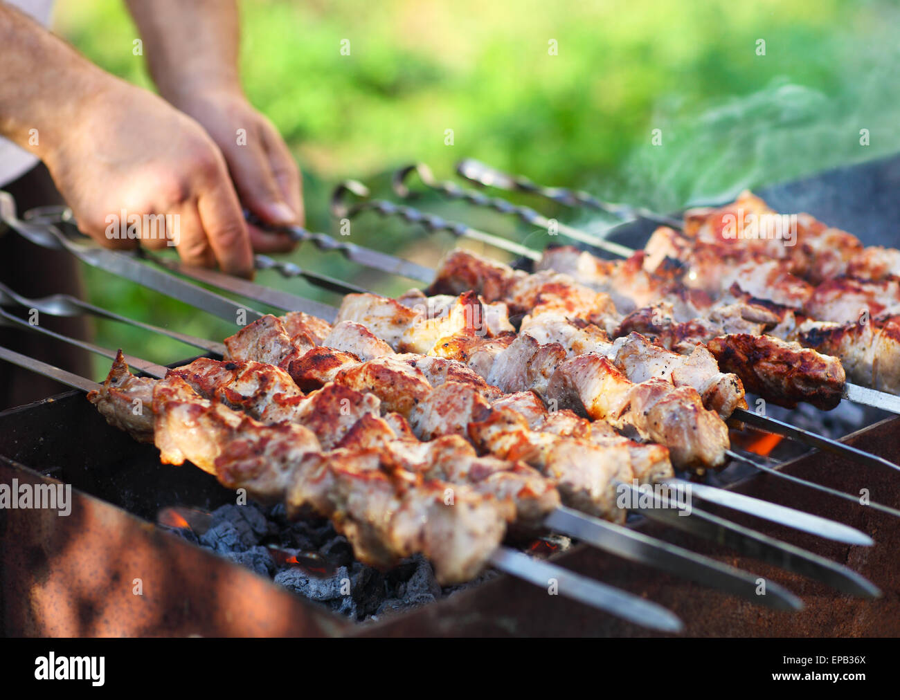 Marinated barbecue meat on skewer. Shish kebab or Shashlyk meaning skewered  meat. Beef or pork on grill on an open fire. Street food, picnic concept  Stock Photo