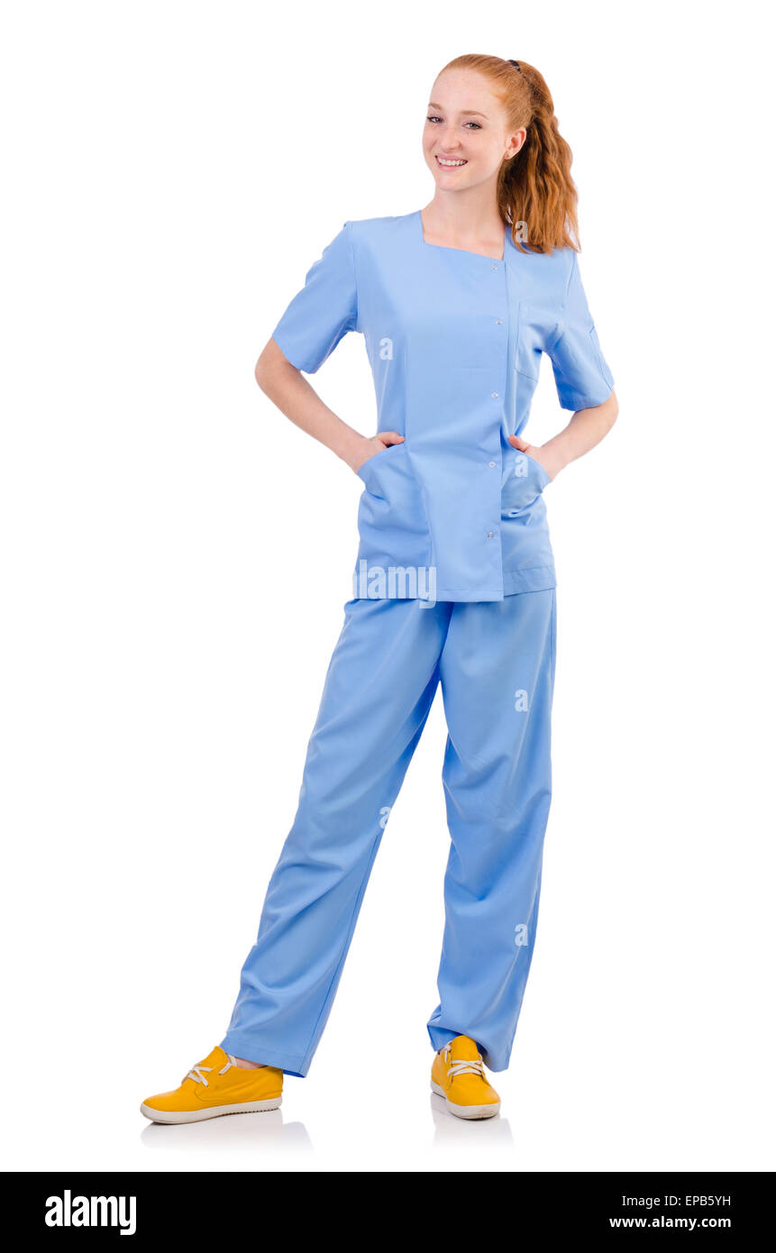 Pretty doctor in blue uniform isolated on white Stock Photo - Alamy