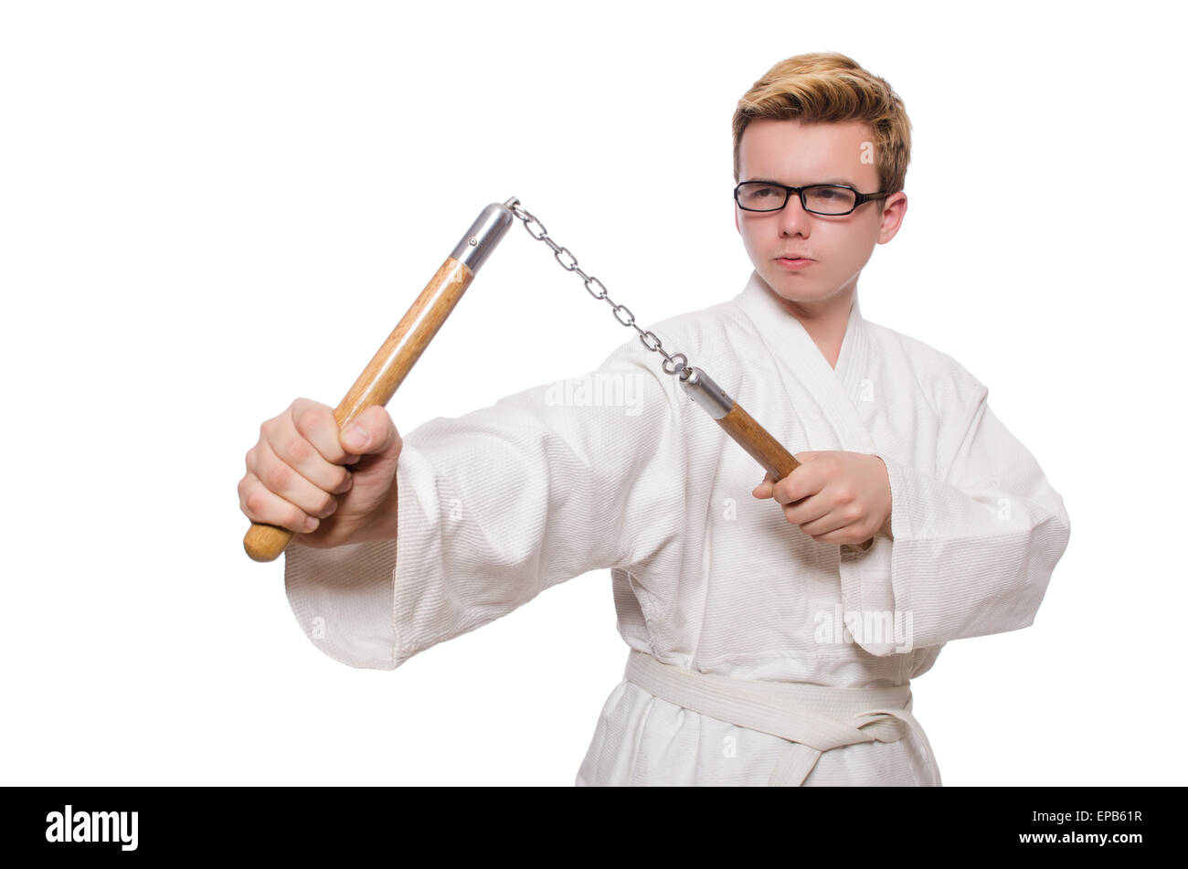 Funny karate fighter with nunchucks on white Stock Photo Alamy