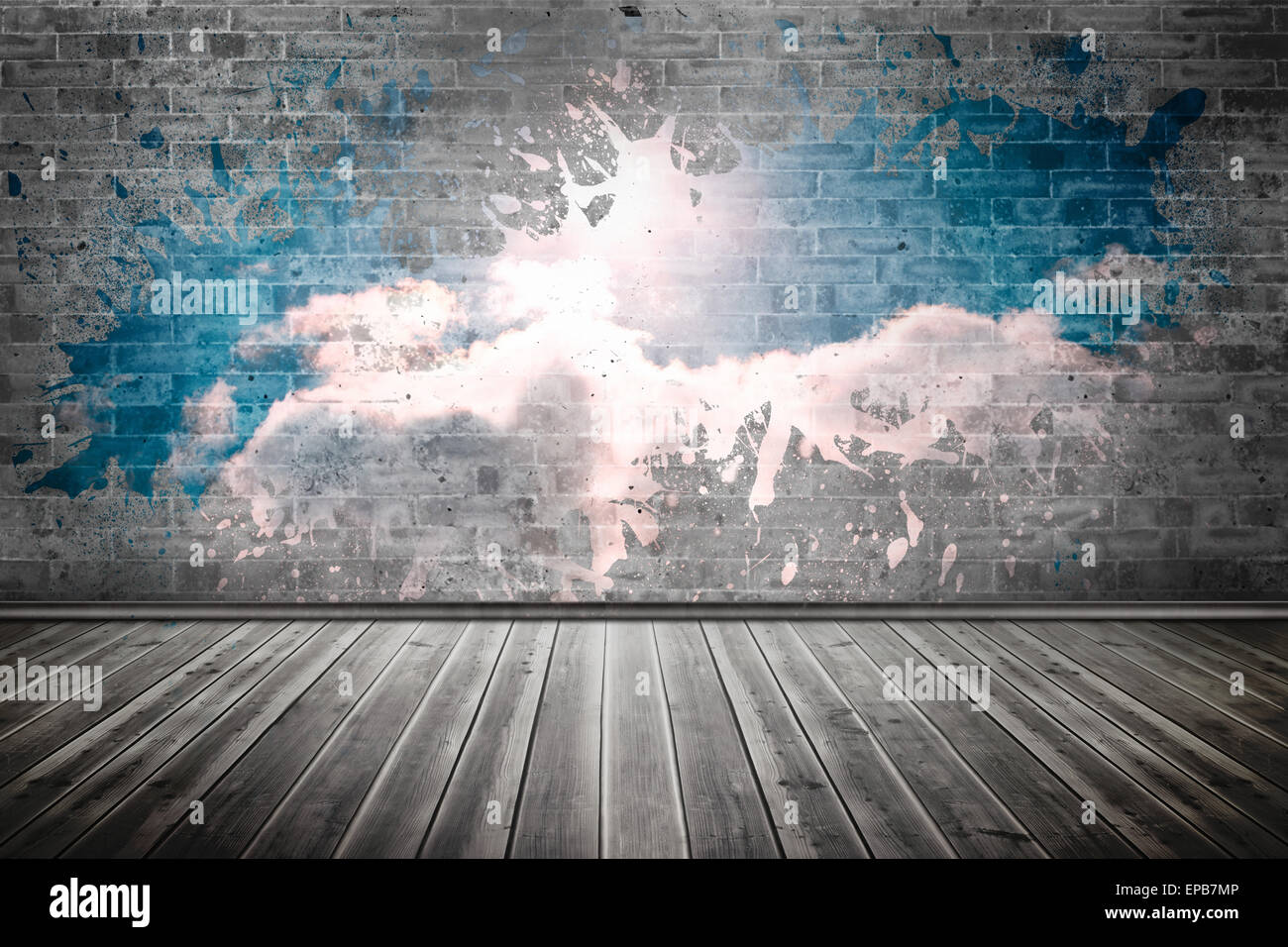 Splash on wall revealing clouds Stock Photo