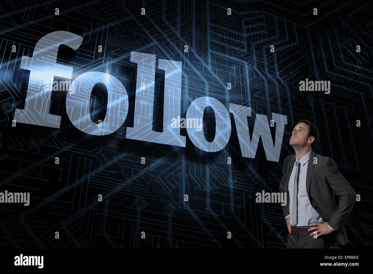 Follow against futuristic black and blue background Stock Photo - Alamy