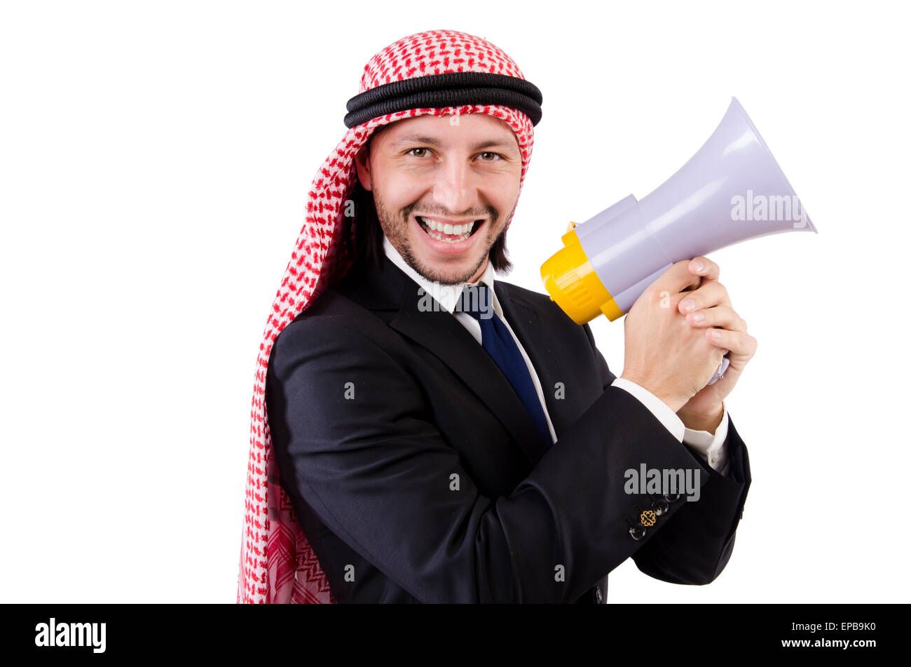 Arab yelling with loudspeaker isolated on white Stock Photo - Alamy