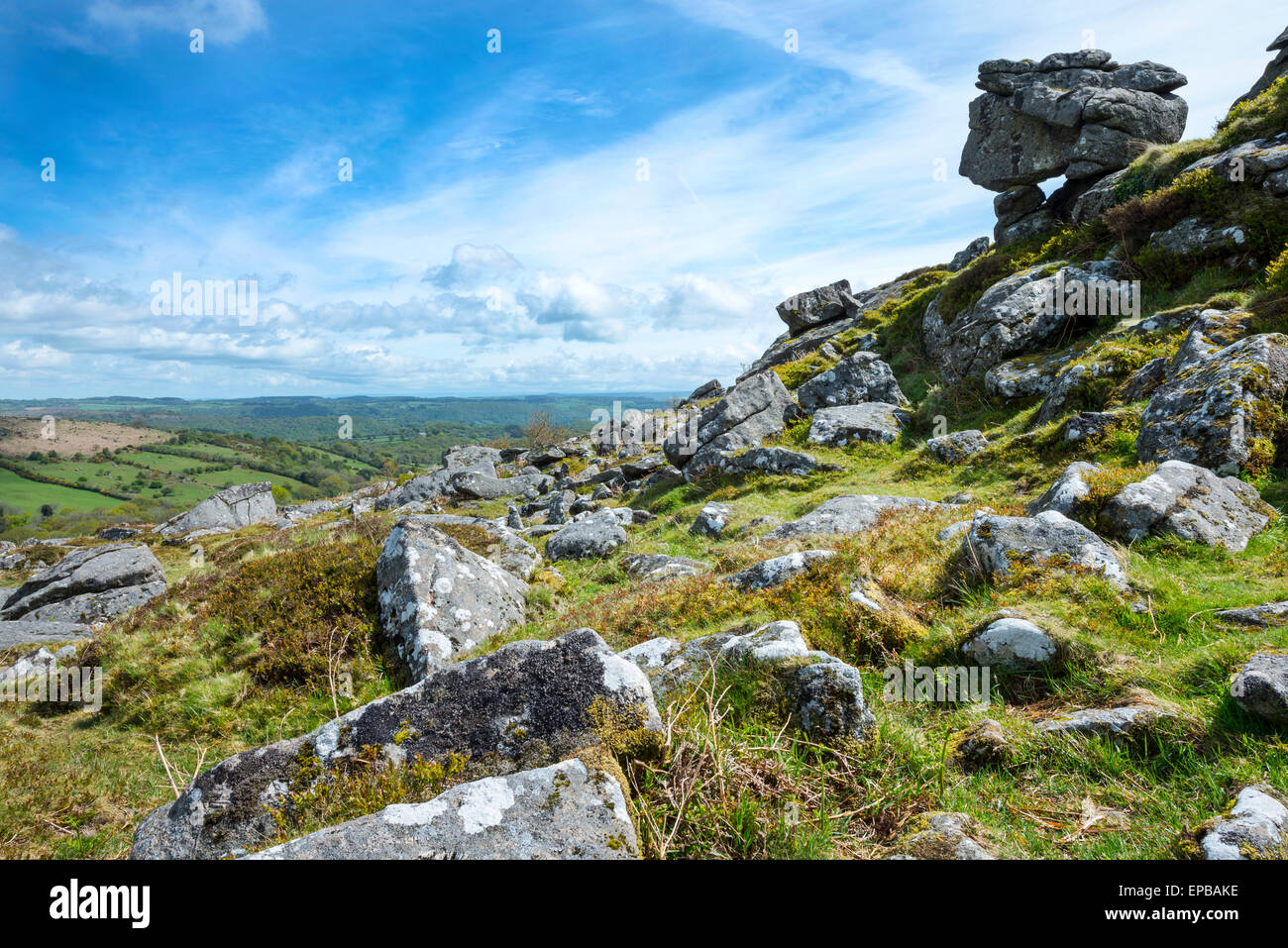 View of Datrmoor tor and valley beyond, Devon, England Stock Photo