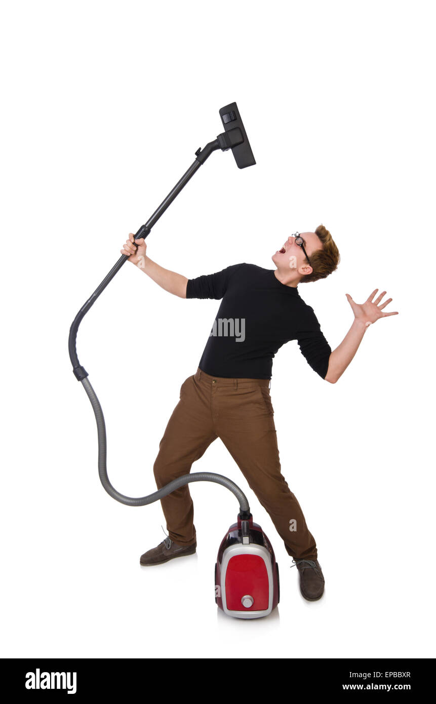 Funny man with vacuum cleaner on white Stock Photo Alamy